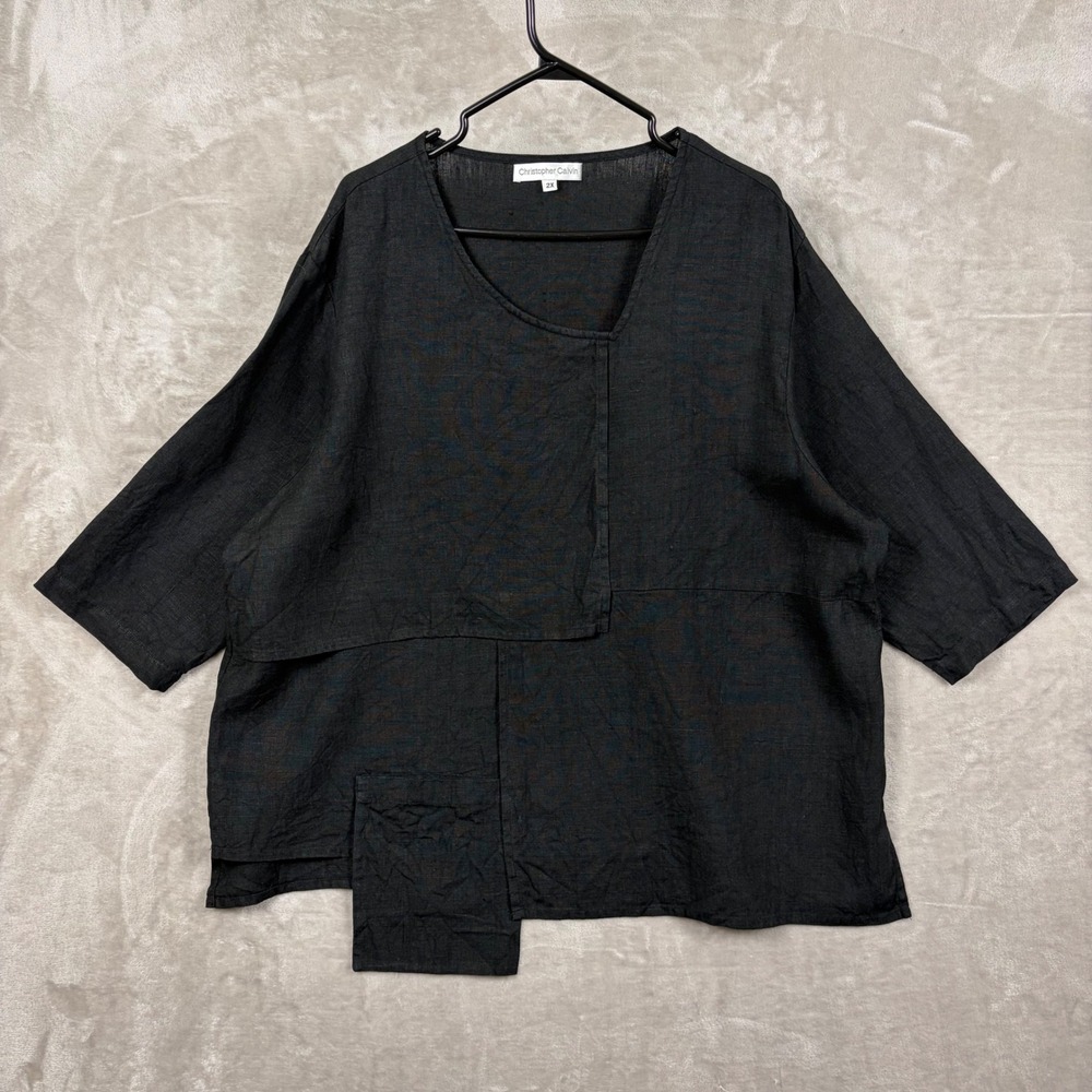 Christopher Calvin 2X Black 100% Linen Asymmetrical Lagenlook Blouse Made in USA